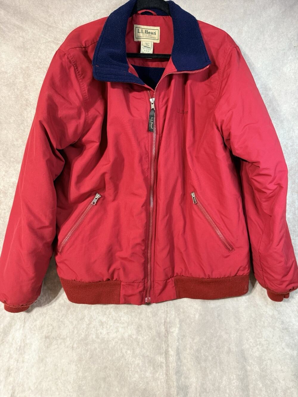 L.L. Bean Red Bomber Jacket with Navy‎ Fleece  Collar Mens L Vintage 90s